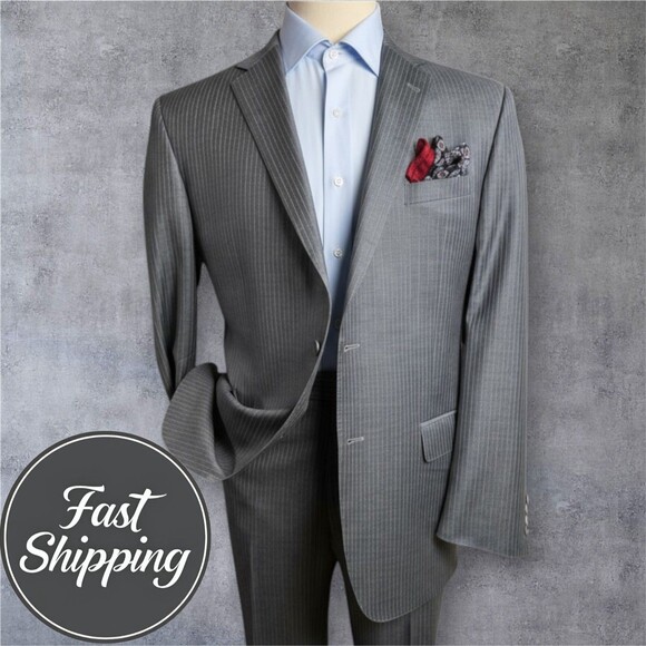 JOS A BANK Gold Men’s 2-Piece Suit 44L Blazer 38x30 Pants Gray Wool 2-Btn Jacket - Picture 1 of 16